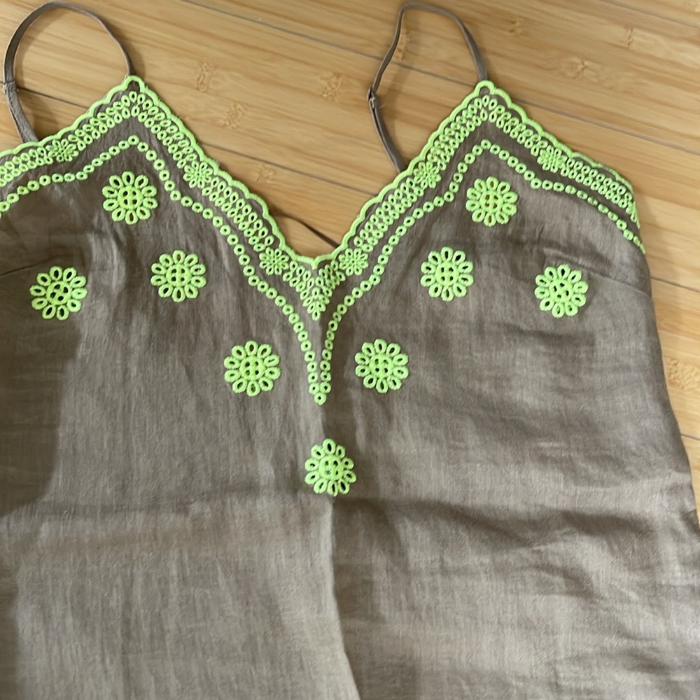 Women Long Maxi 100% Linen Embroidered Neckline Strap Dress M Zara Excellent
